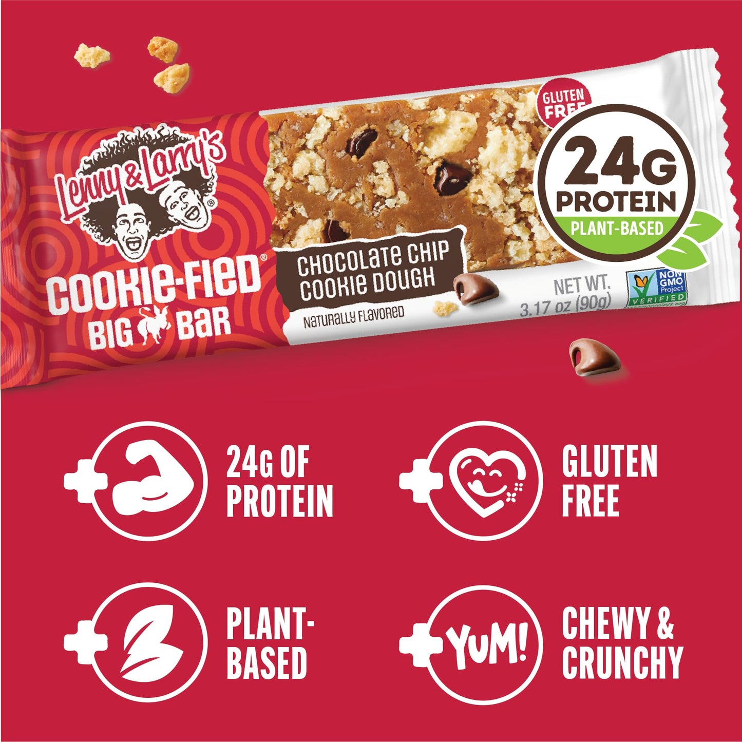 Lenny & Larrys Vegan Protein Bars – Chocolate Chip Cookie Dough – 12 Bars – 24g Protein, 10g Fiber, Gluten Free, Keto Friendly