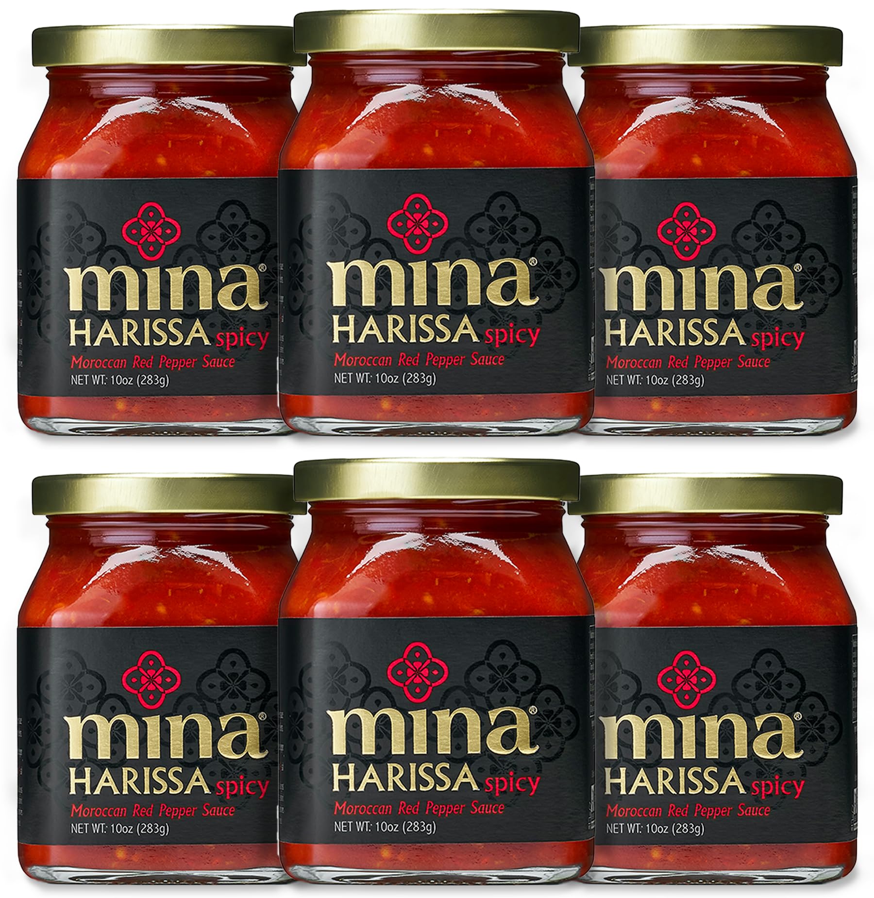 Mina Harissa Hot Sauce, Gourmet Moroccan Heat, Homestyle Spicy Red Chili Harissa Paste With Tangy Twist, 10 Oz (Pack Of 6) Harissa Sauce, Excite Your Senses With Mina Harissa Seasoning