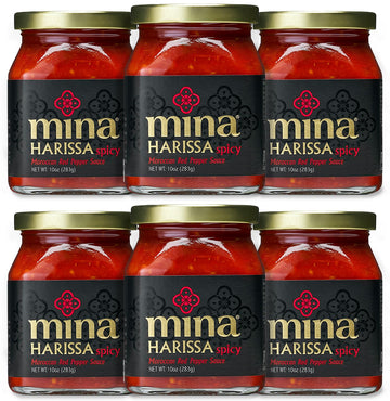 Mina Harissa Hot Sauce, Gourmet Moroccan Heat, Homestyle Spicy Red Chili Harissa Paste With Tangy Twist, 10 Oz (Pack Of 6) Harissa Sauce, Excite Your Senses With Mina Harissa Seasoning