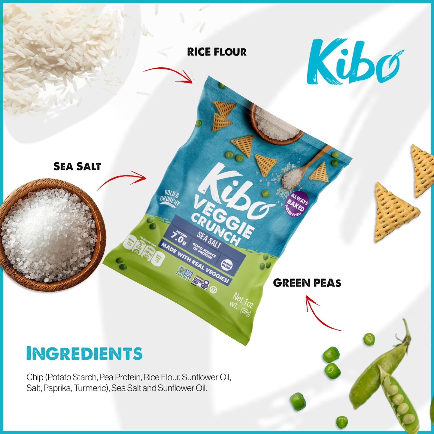 Kibo Veggie Chips Sea Salt, Plant-Based Protein, Gluten-Free, Non-Gmo, Vegan-Friendly, 3D Triangles, Crunchy, Made With Real Veg