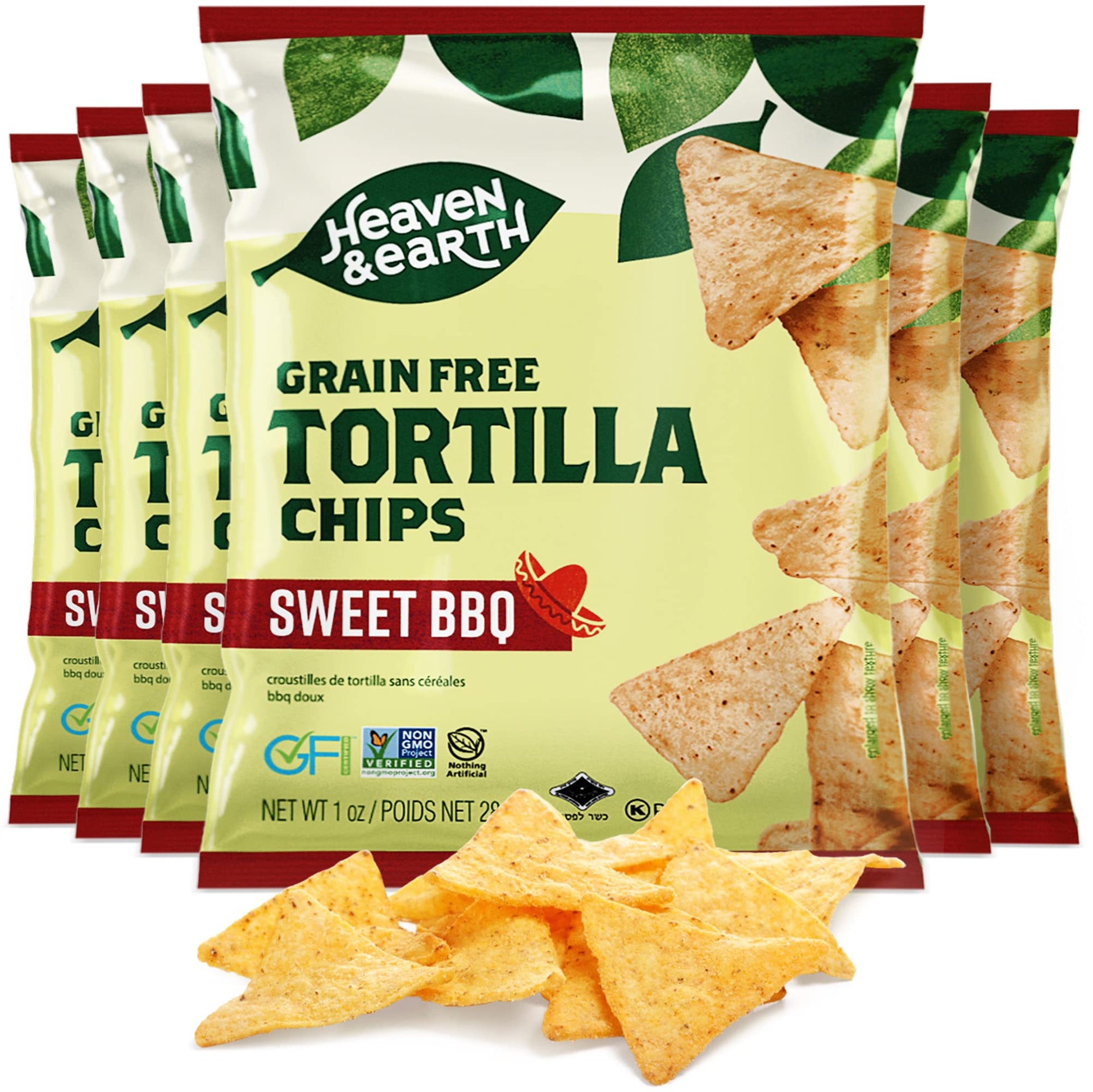 Heaven & Earth Sweet BBQ Tortilla Chips, Grain Free Tortilla Chips, 1oz (6 Pack) | Corn Free | Gluten Free | Kosher for Passover