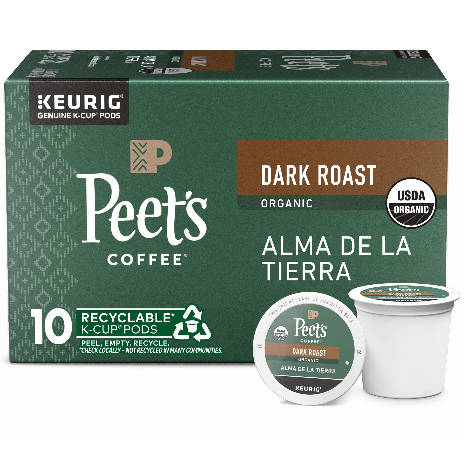 Peets Coffee Dark Roast K-Cup Pods, USDA Organic, Alma de la Tierra, 10 Count
