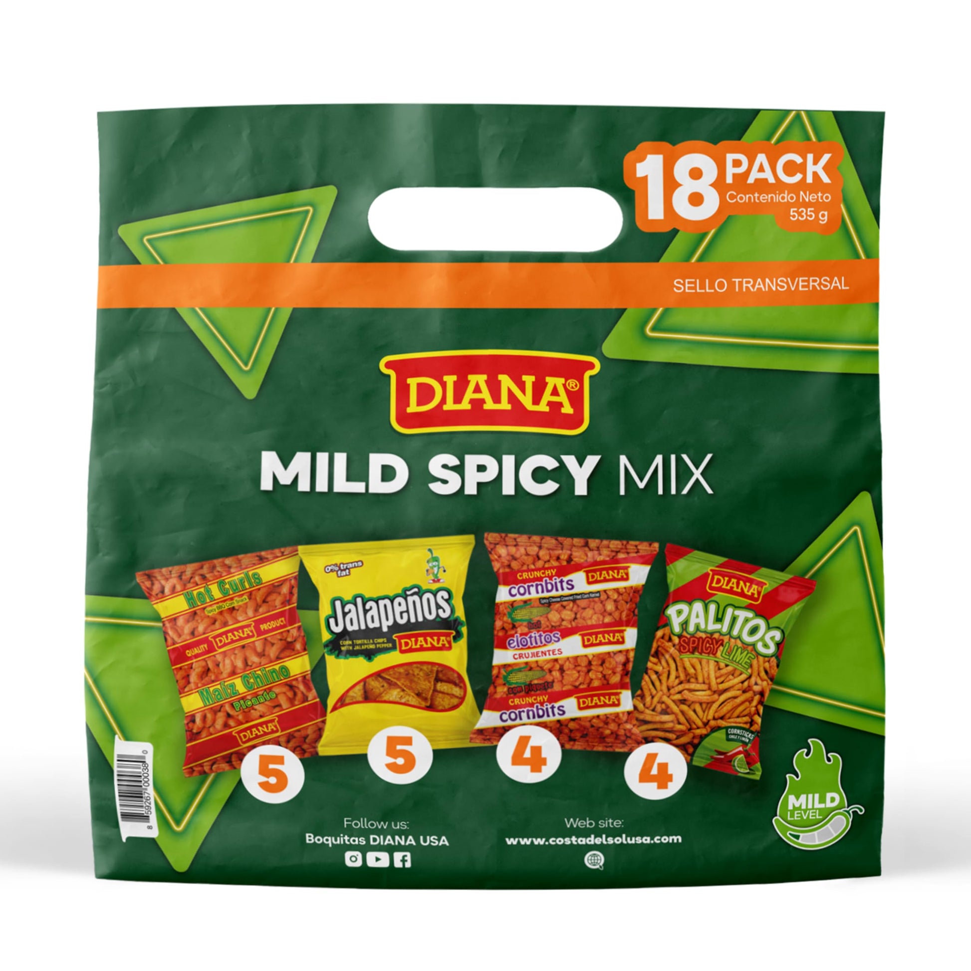 Diana Mild Spicy Snack Variety Pack, Hot Curls, Jalapeos, Spicy Cornbits and Chili Limon Palitos, 18 Bags, 18 Oz