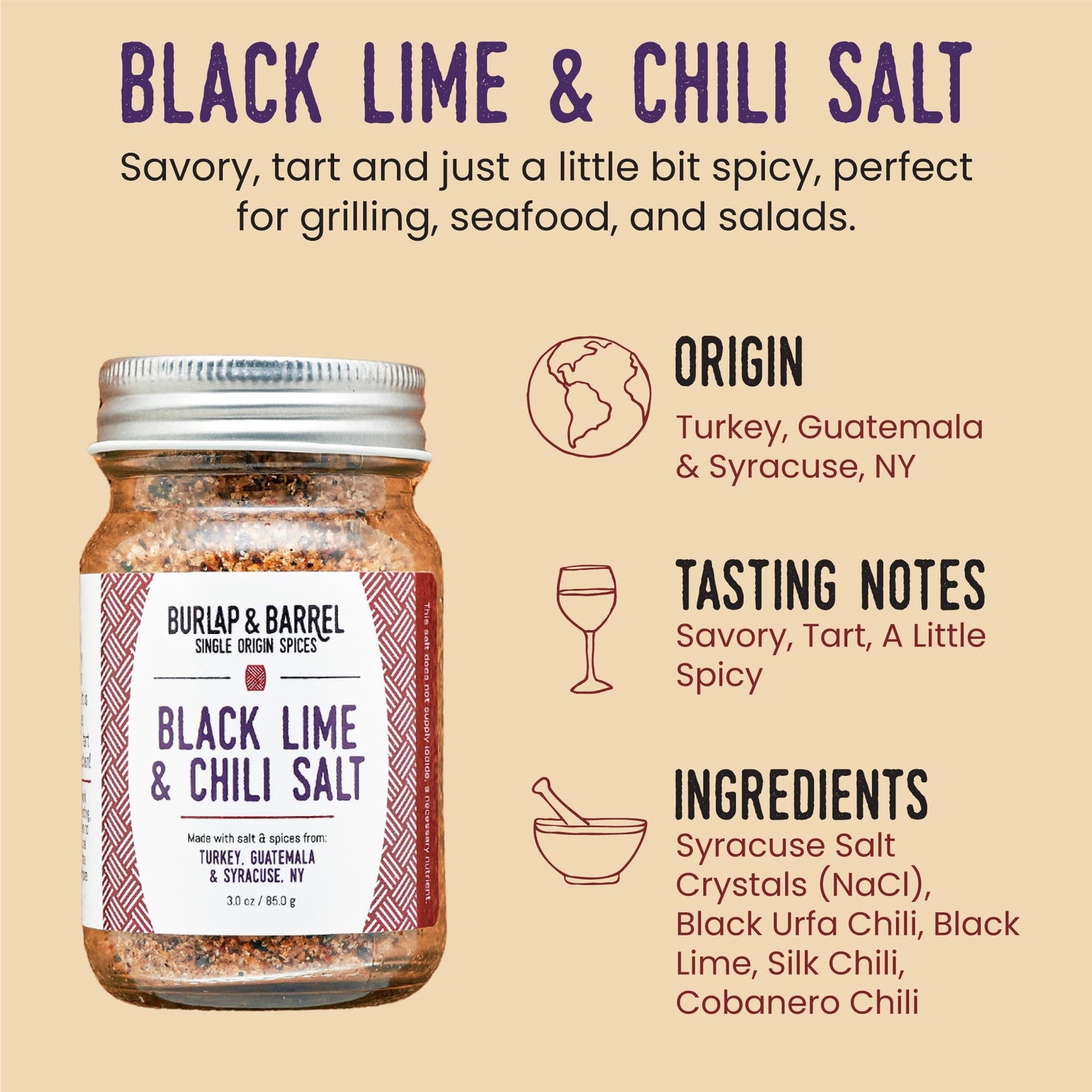 Burlap & Barrel Black Lime & Chili Salt - Savory Seasoning for Seafood & Grilling - 3 oz Glass Jar