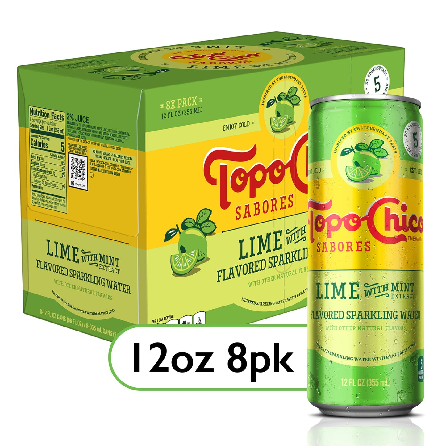 Topo Chico Lime & Mint Sparkling Water, 12 Fl Oz, Pack of 8, Refreshing Flavor, Naturally Flavored Beverage