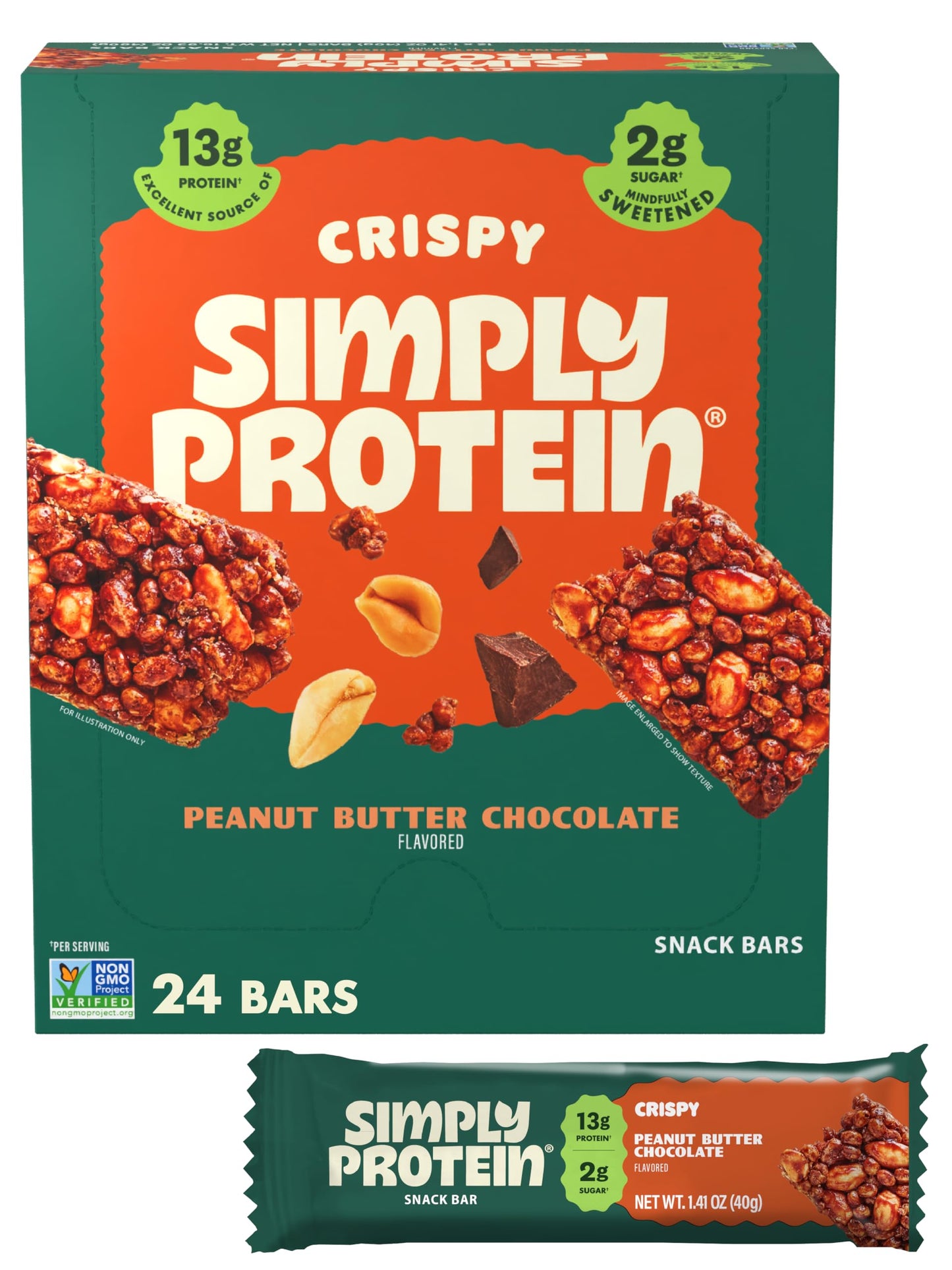 Simply Protein - Peanut Butter Chocolate Crispy Bars - Plant Based Protein Bars - Low Carb  Low Sugar  High Fiber - 13g Protein  2g Sugar  7g Fiber - Vegan  Gluten Free  Non GMO  Kosher - 24 Bars