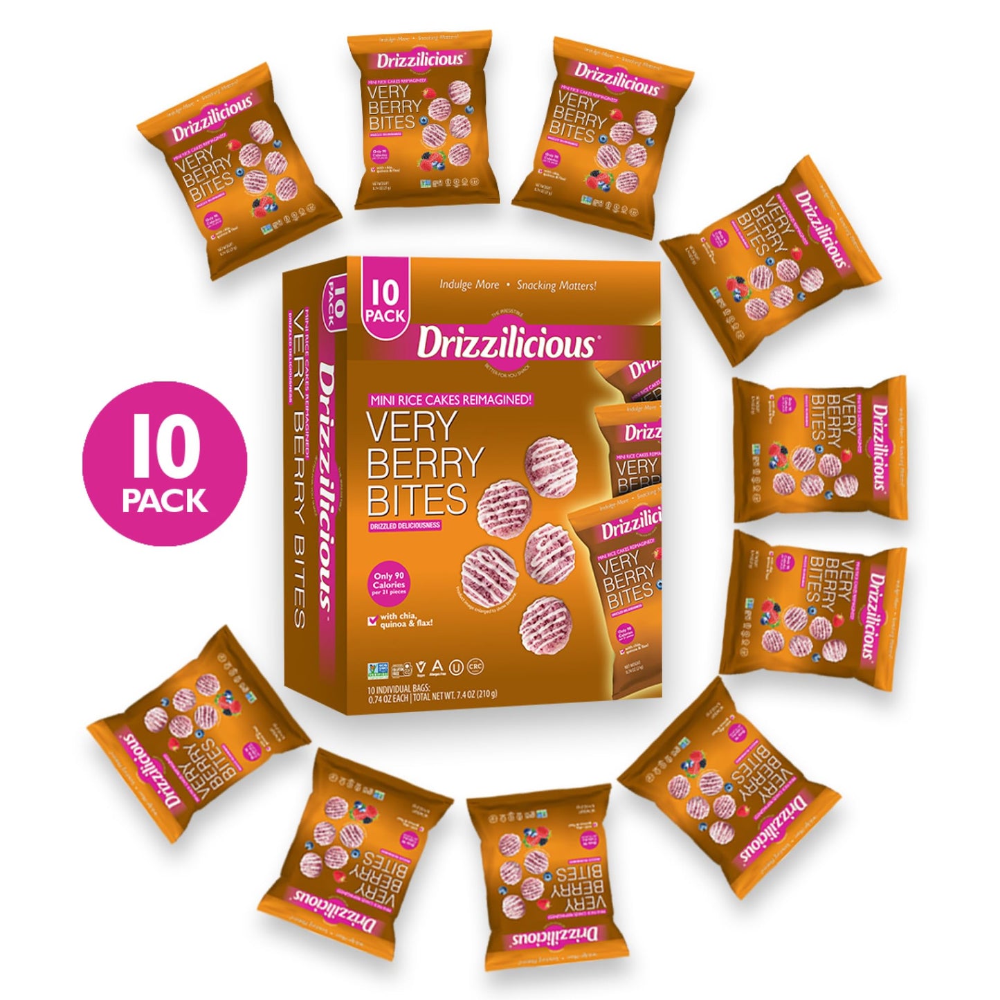 Drizzilicious Mini Rice Cakes Very Berry - Rice Crisps, Healthy Snack For Mature-Themeds And Kids, Flavored Rice Cakes, Vegan, Gluten Free, Allergen Free, Only 90 Calories Per Bag - .74 Oz (Pack Of 10)