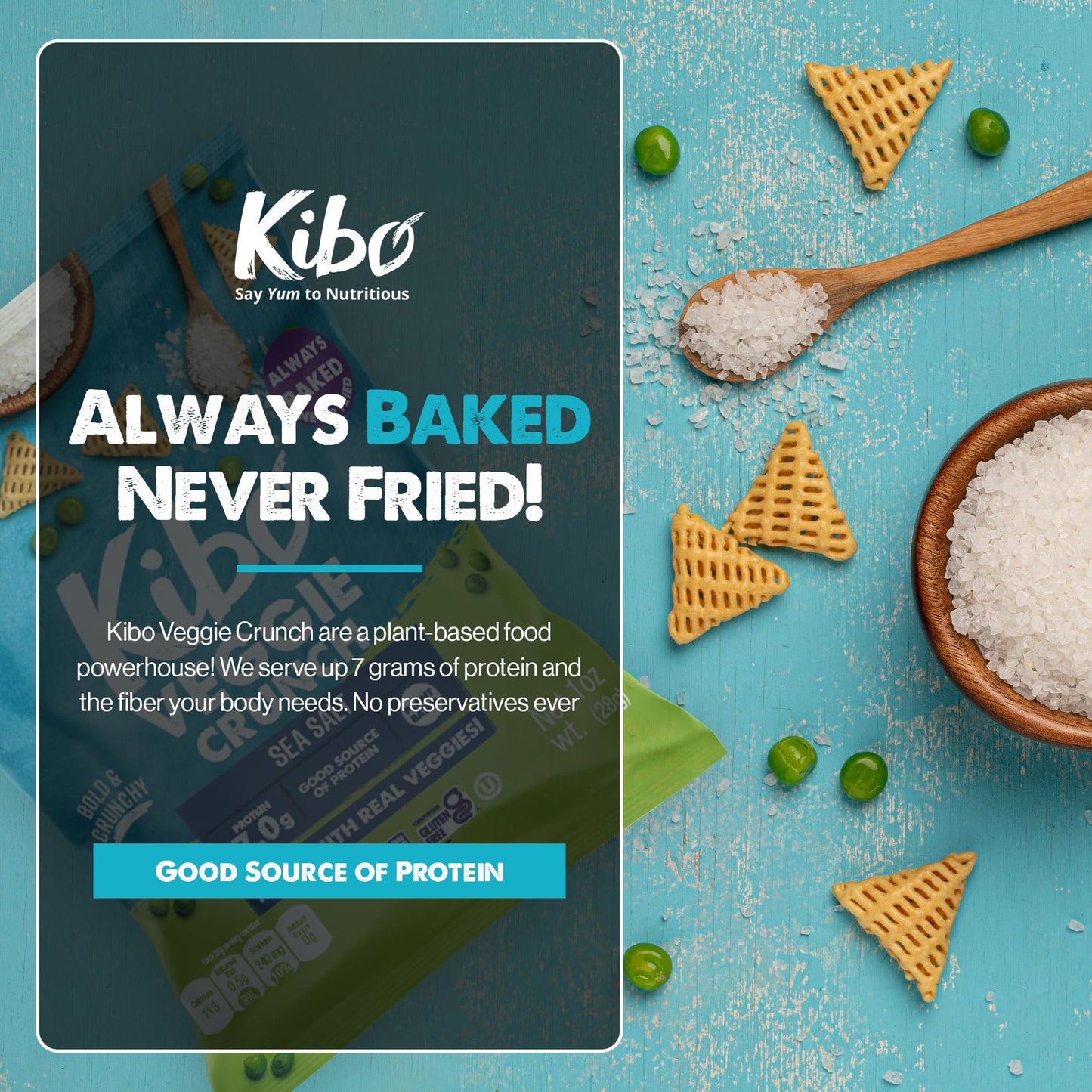 Kibo Veggie Chips Sea Salt, Plant-Based Protein, Gluten-Free, Non-Gmo, Vegan-Friendly, 3D Triangles, Crunchy, Made With Real Veg
