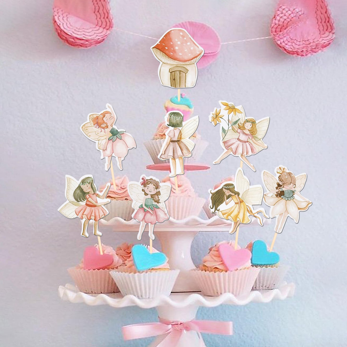 ZHUOWEISM Fairy Cupcake Toppers, 40 PCS Double-Sided Mushroom House & Angel Design, Paper, for Baby Showers & Birthday Parties