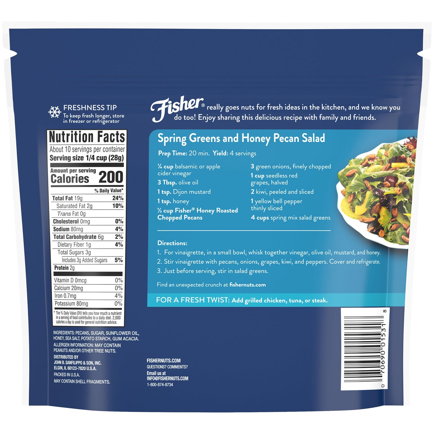 Fisher Honey Roasted Chopped Pecans, 10oz Resealable Bag, Unsalted, Vegan, Gluten Free, Keto Snack, Brown
