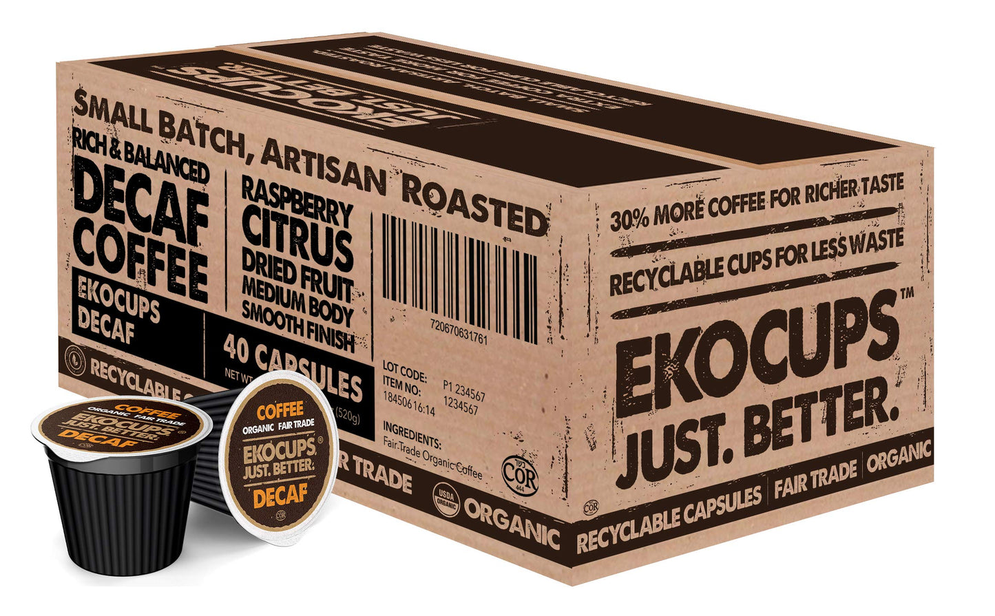 EKOCUPS Organic Swiss Water Decaf Coffee Pods, Fair Trade, 40 Count, for Keurig K Cup Machines