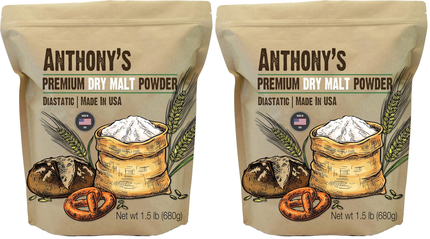 Anthonys Diastatic Dry Malt Powder, 1.5 lb, Made in the USA, Diastatic, Malted Barley Flour (Pack of 2)