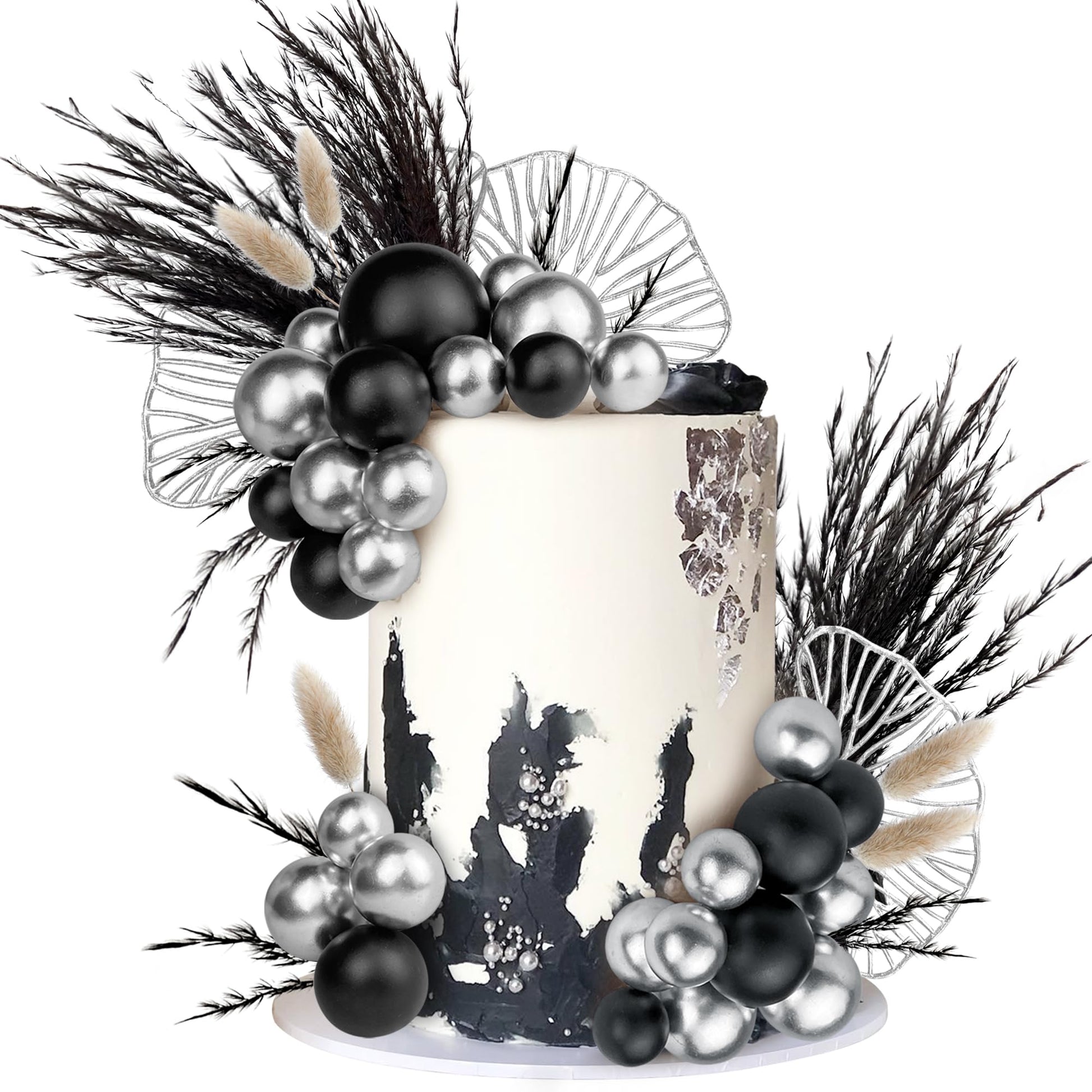 38 Pcs Silver Black Cake Toppers Ball Cake Decoration Boho Bunny Tails Reed Grass Cake Decoration For Boho Wedding Birthday Baby