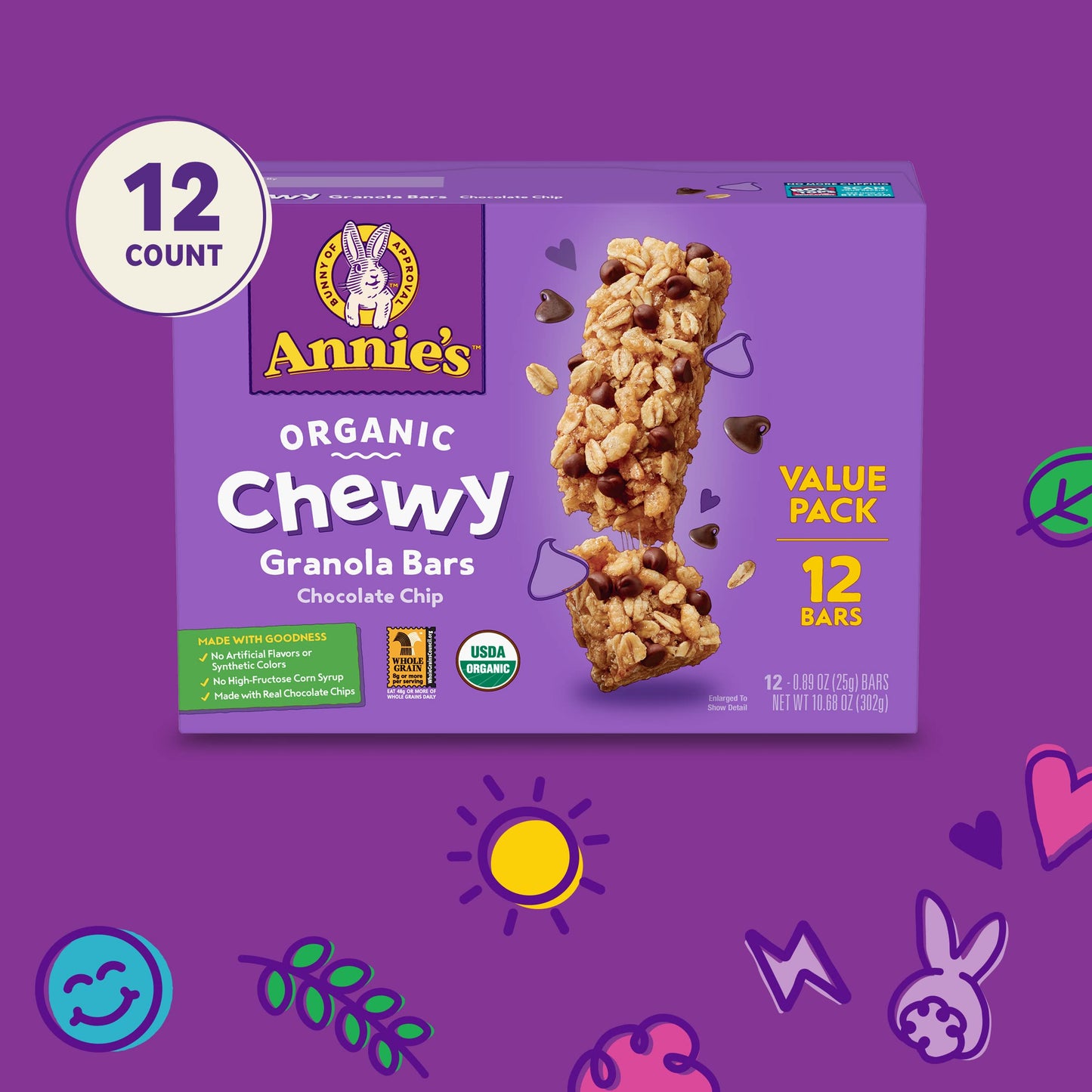 Annies Homegrown Chocolate Chip Organic Chewy Granola Bars, 12 Packs, Whole Grains, 10.68 Ounces (Pack Of 6)