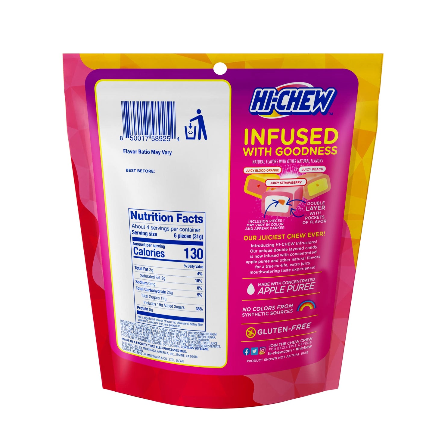Hi-Chew Infrusions, 7 Mini Stand Up Pouches, 4.24Oz Each | Juicy Blood Orange Stawberry Peach | Unique Fun Soft & Chewy Taffy Candy | Immensely Juicy Fruit Flavors | Individually Wrapped For Sharing