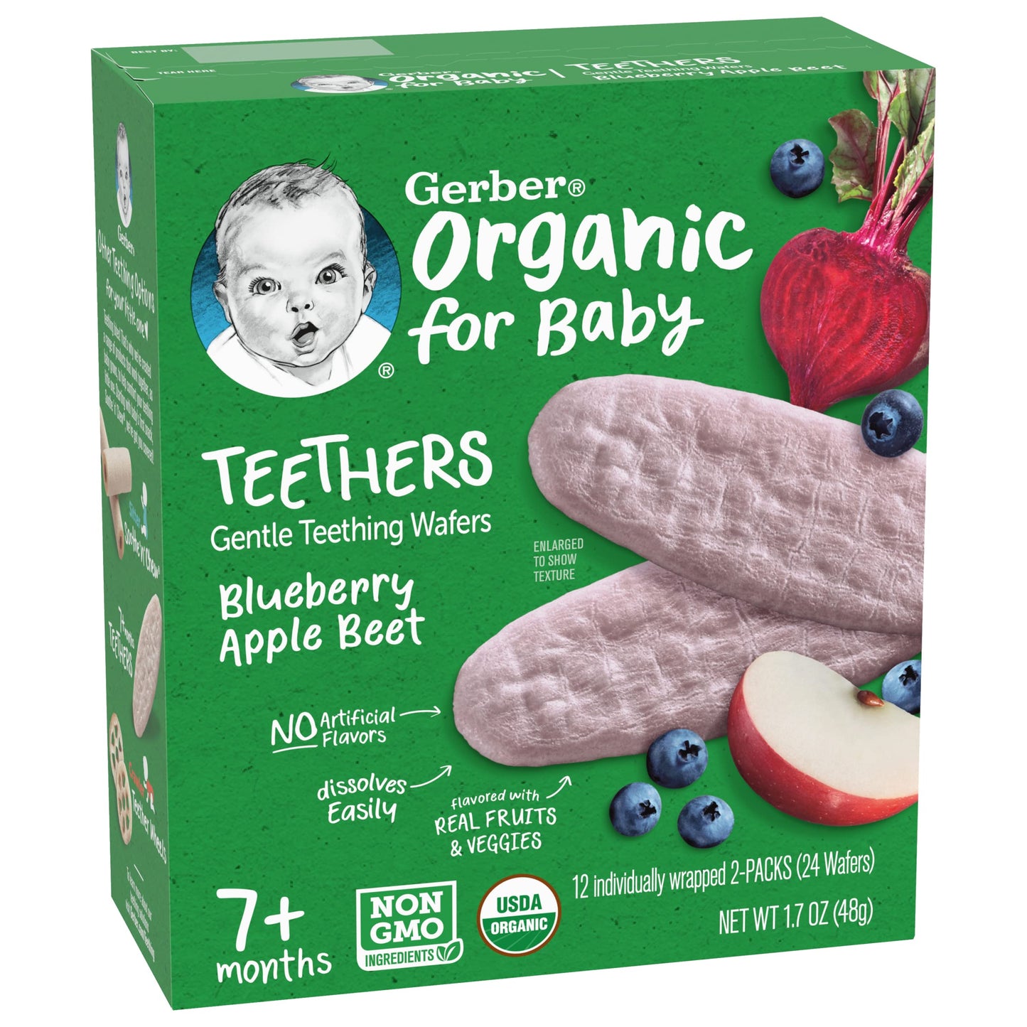 Gerber Organic For Baby Teethers, Blueberry Apple Beet, Gentle Teething Wafers, Non-Gmo Ingredients, 12 Individually Wrapped 2-P