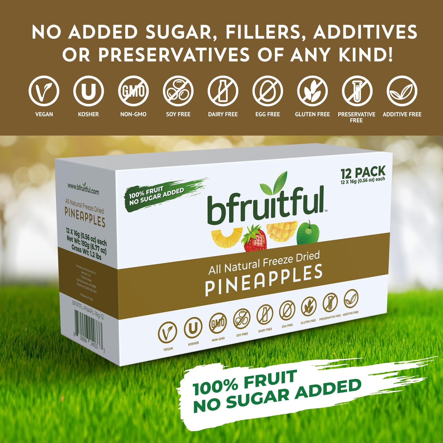 bfruitful Freeze-Dried Pineapple Bites, Gluten Free, Vegan, 12-Pack, 0.56 oz Single-Serve Snack Packets