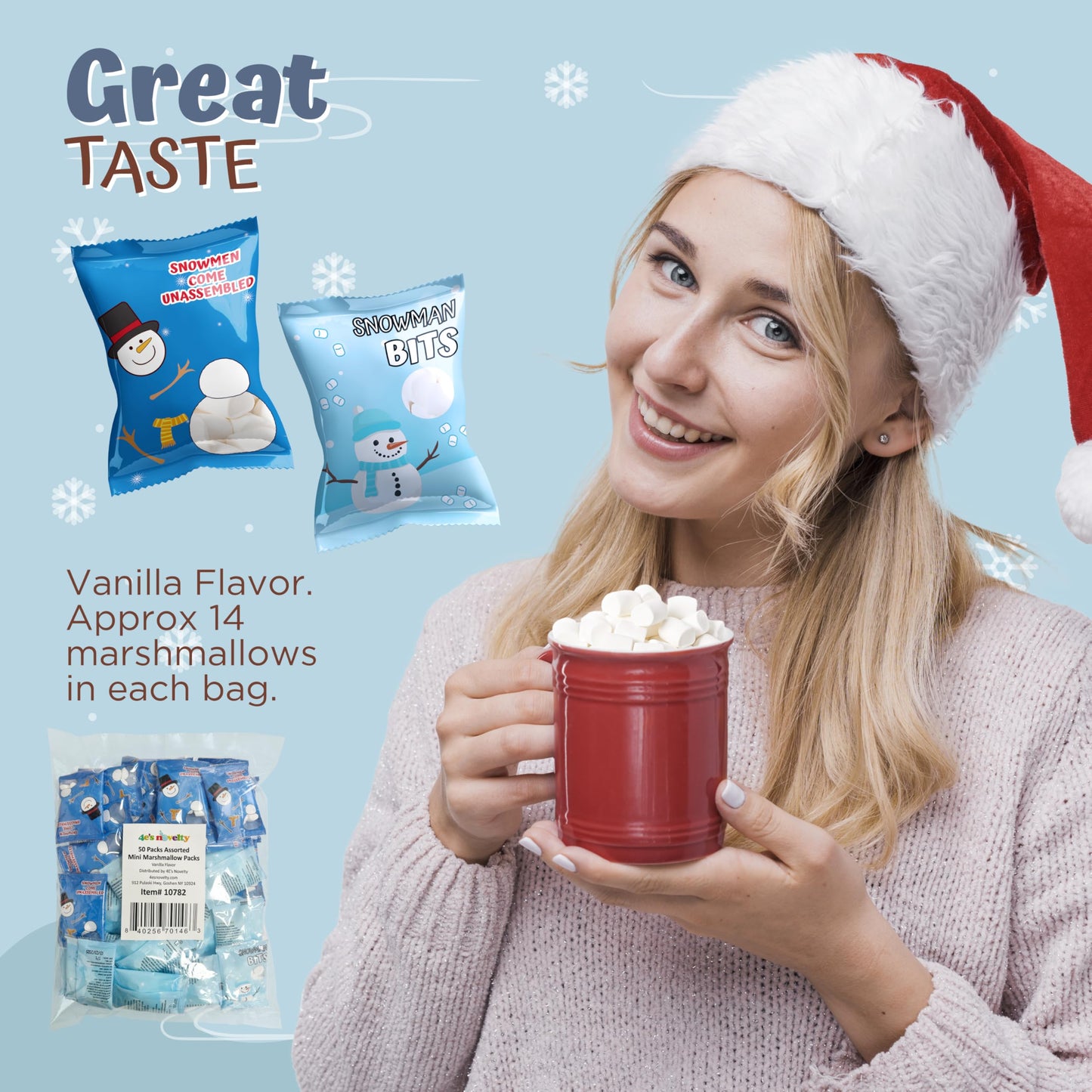 4Es Novelty 50 Packets Mini Marshmallows - 2 Design Individually Wrapped Christmas Snowman Mini Marshmallows Bulk Pack