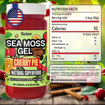 Biolore Cherry Pie Sea Moss Gel 16 Oz - No Added Sugar, Vegan, Made In Usa - Wildcrafted Sea Moss Superfood With 92 Essential Vitamins - Ready To Use, No Prep Needed