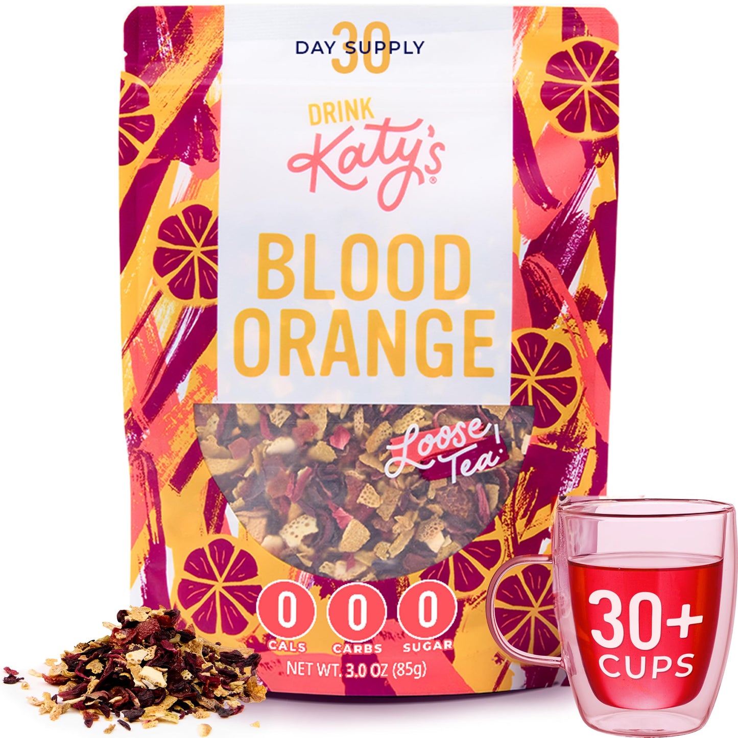 DRINK KATYS Blood Orange Herbal Tea, Caffeine Free, 3 Ounce, Loose Leaf, All Natural, Makes Hot or Iced Tea