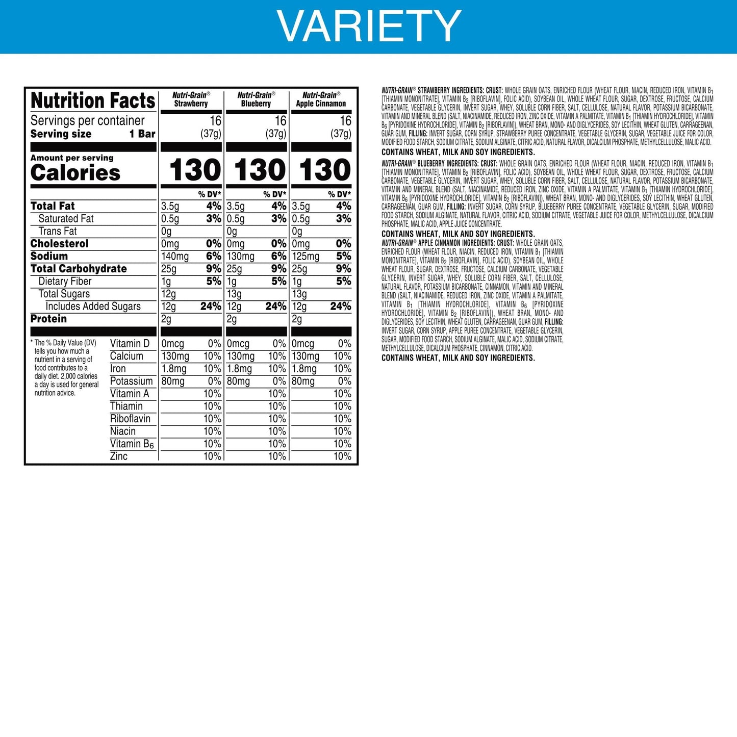 Nutri-Grain Soft Baked Breakfast Bars, Made with Whole Grains, Kids Snacks, Variety Pack, 62.4oz Box (48 Bars)