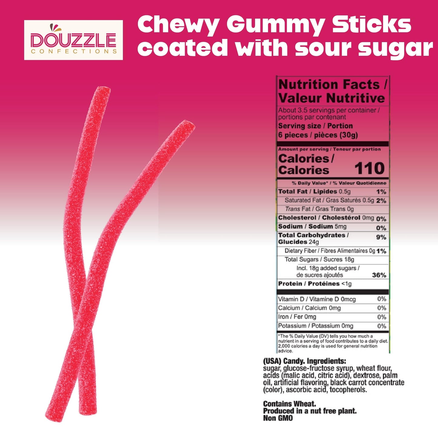 DOUzzle Back To School Sour Sticks Chewy Candy Straws Wild Cherry (3.5 OZ - 1 Pack) Goodie Bag Stuffer, Pinata Filler - Kosher P
