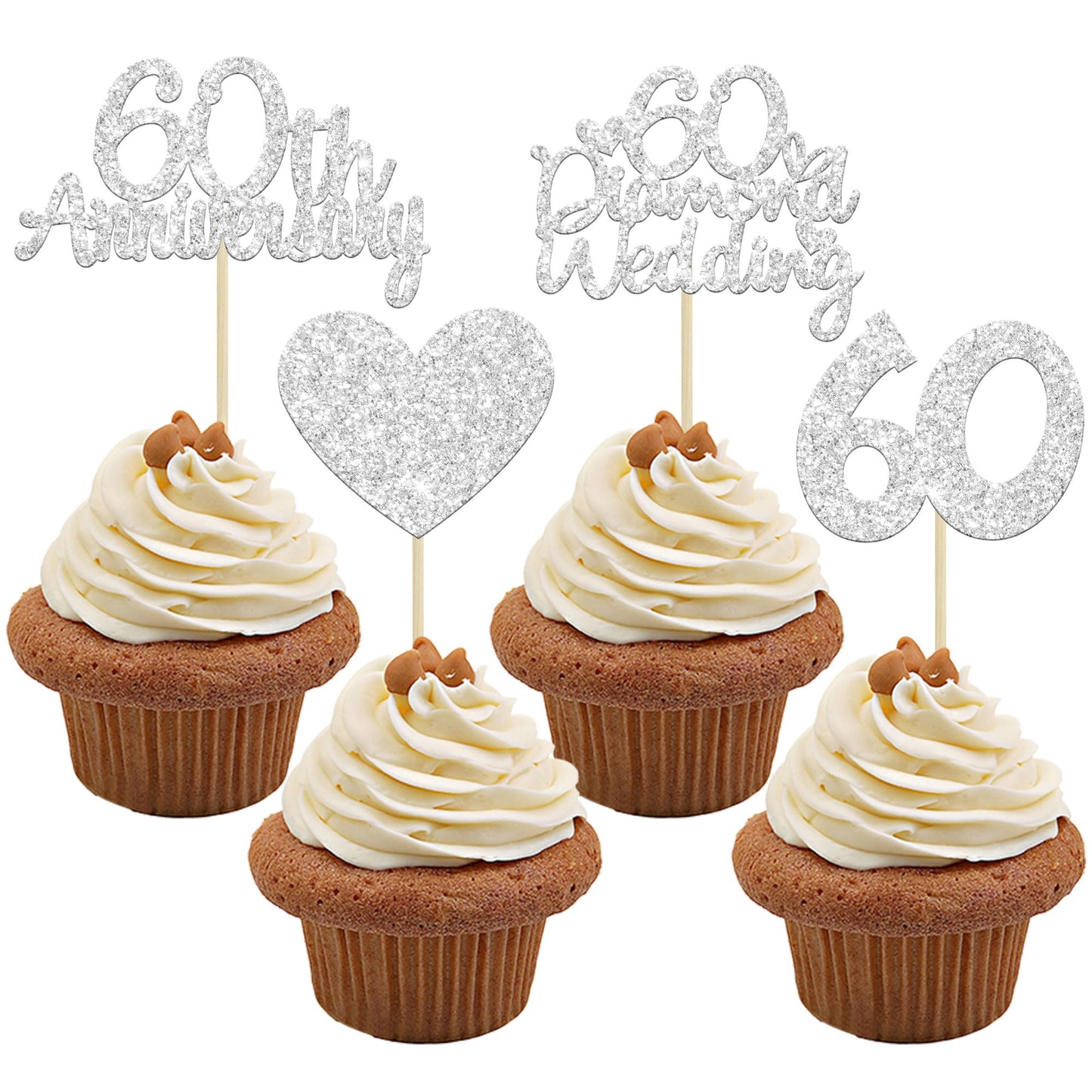Gyufise 24Pcs 60Th Wedding Anniversary Cupcake Toppers Silver Glitter 60Th Diamond Wedding Anniversary Heart Cake Decoration For