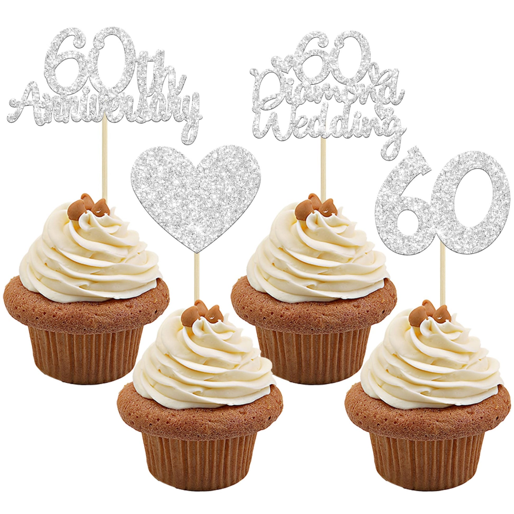Gyufise 24Pcs 60Th Wedding Anniversary Cupcake Toppers Silver Glitter 60Th Diamond Wedding Anniversary Heart Cake Decoration For