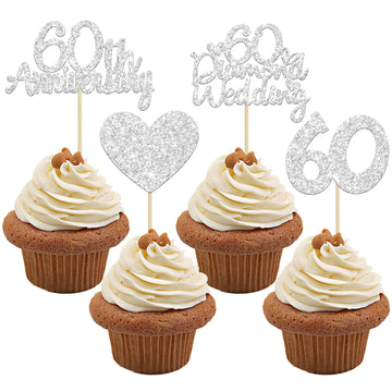 Gyufise 24Pcs 60Th Wedding Anniversary Cupcake Toppers Silver Glitter 60Th Diamond Wedding Anniversary Heart Cake Decoration For