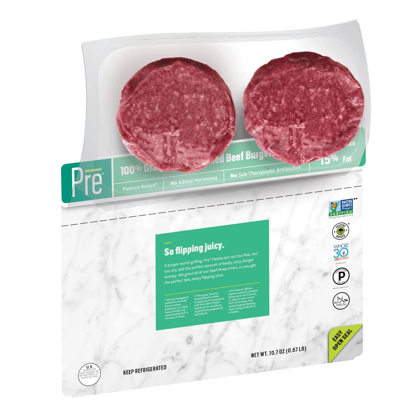 Pre, Beef Burger Patties 85% Lean/15% Fat, Grass-Fed, Pasture-Raised | 0.66625 lbs. | Pack of 2