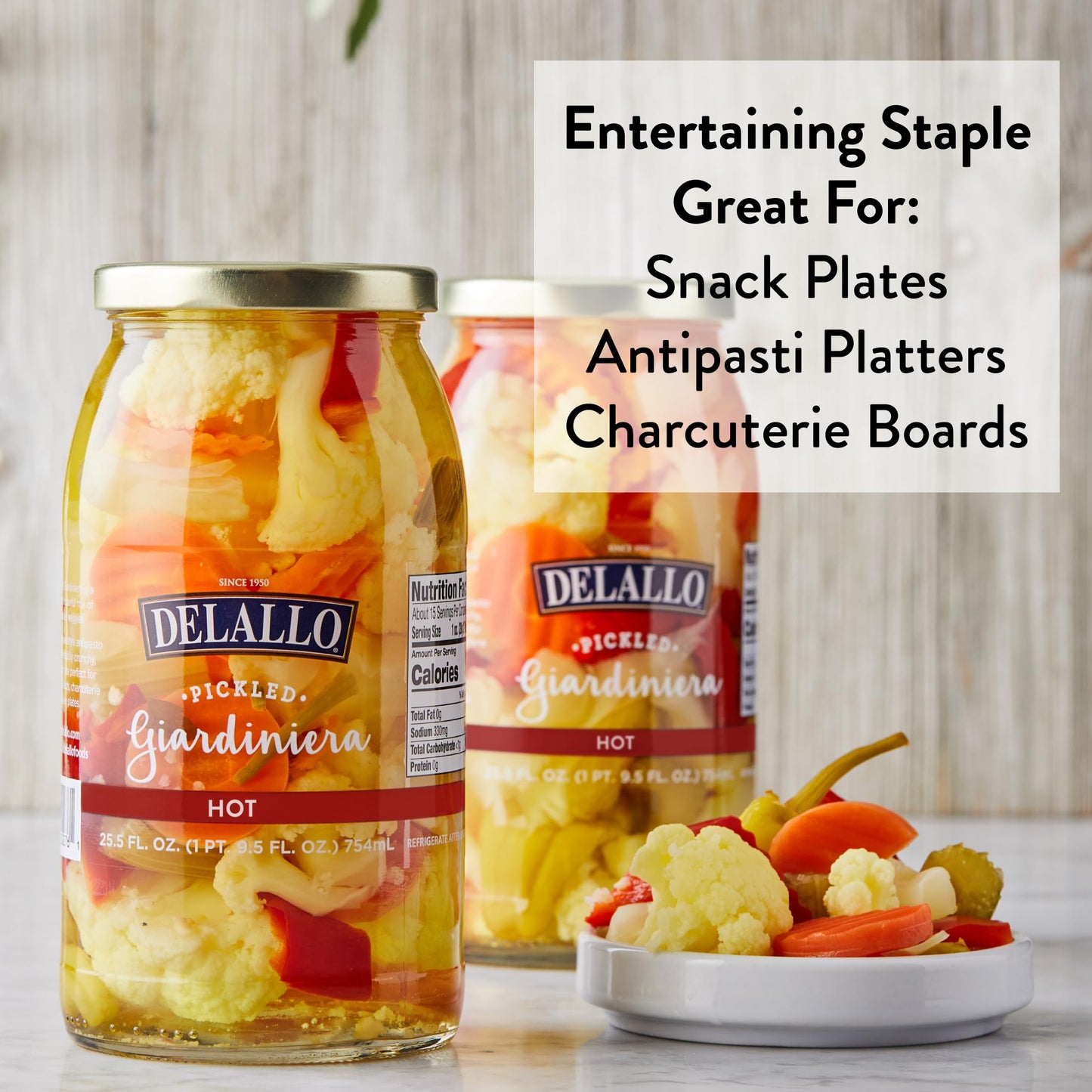 DeLallo Hot Giardiniera, 25.5 Ounce Jar, (3 Pack), Spicy Hot Pickled Mixed Vegetable Condiment for Sandwiches and Burgers, 100%