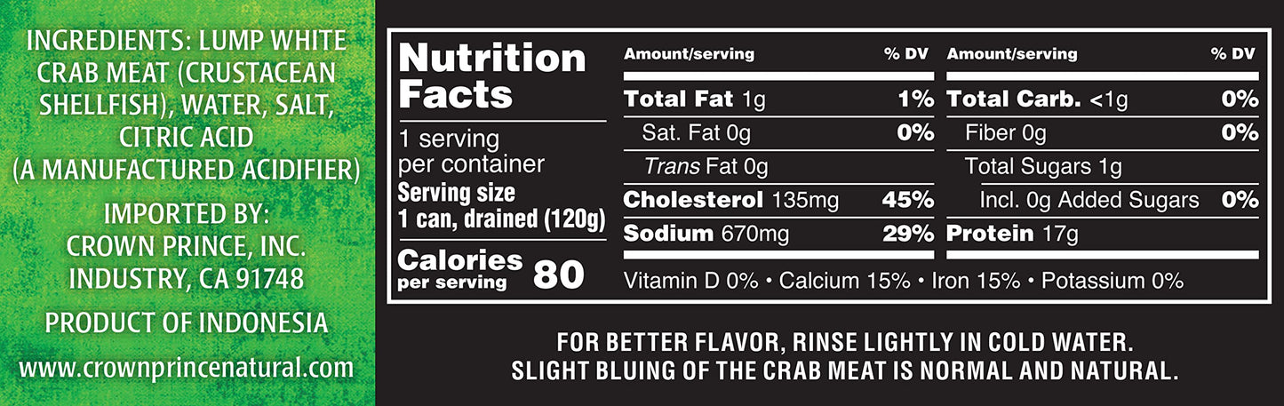 Crown Prince Crab Meat, Natural Fancy White-Lump, 6 Ounce Cans, Pack of 12