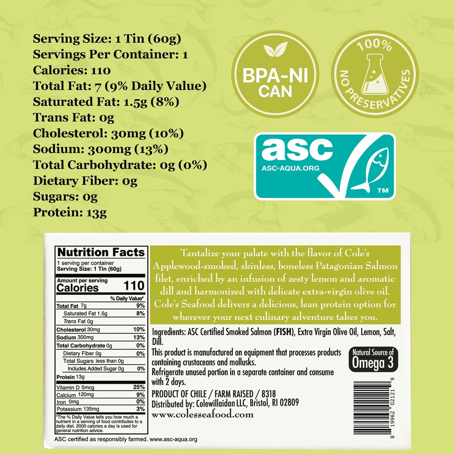 Coles Smoked Salmon Fillet with Lemon & Dill in Olive Oil | 3.2 oz | 13g Protein