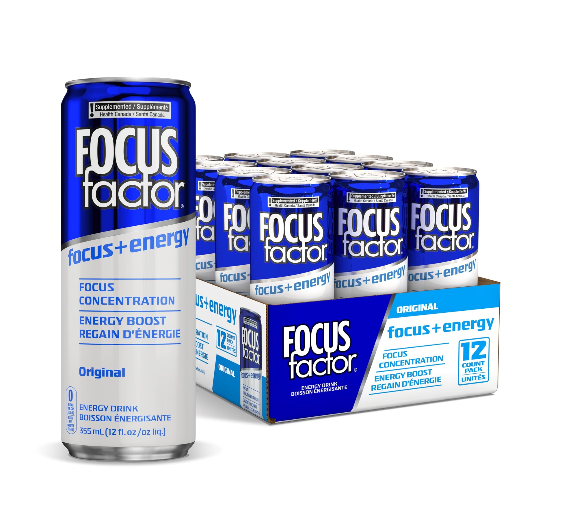 Focus Factor Energy Drink - Original Flavour - Sugar Free, Low Calorie - Pack of 12 Cans - Blue - 355ml Each