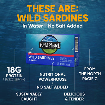 Wild Planet Wild Sardines in Water, No Salt Added, Tinned FIsh, Sustainably Wild-Caught, Non-GMO, Kosher, Gluten Free, Keto and