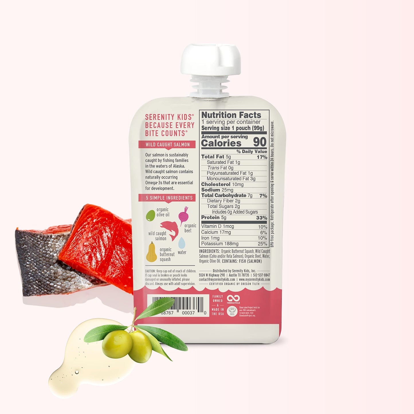 Serenity Kids 6+ Month Baby Food Puree Pouches with Wild Caught Salmon, Butternut Squash & Beet - Ethically Sourced Meat & Organ