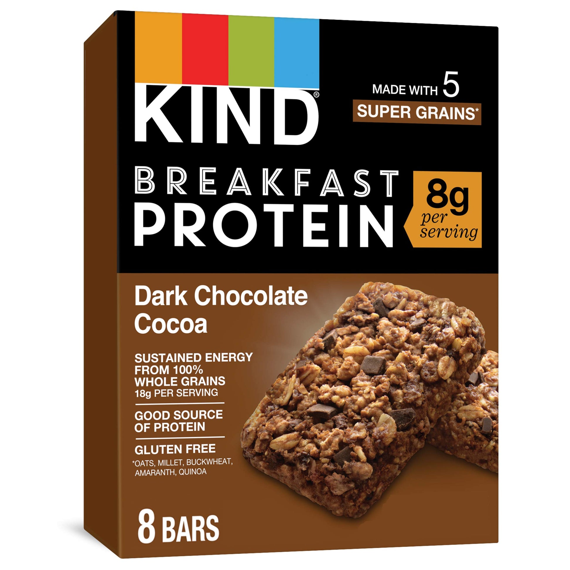 Kind Breakfast Protein Bars, Dark Chocolate Cocoa, Healthy Snacks, Gluten Free, 8G Protein, 32 Count