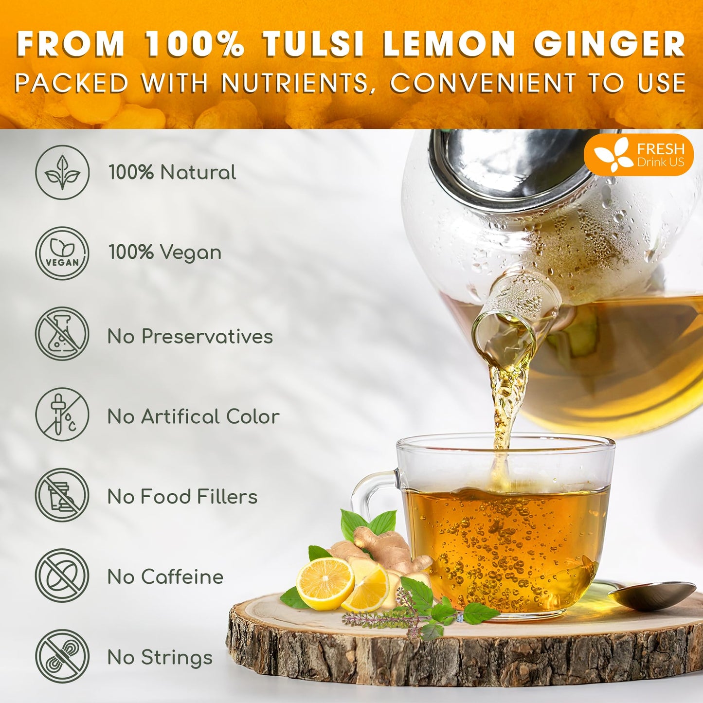 FRESHDRINKUS Tulsi Lemon Ginger Tea Bags, 100% Natural, 55 Count, Vegan, No Sugar, No Caffeine