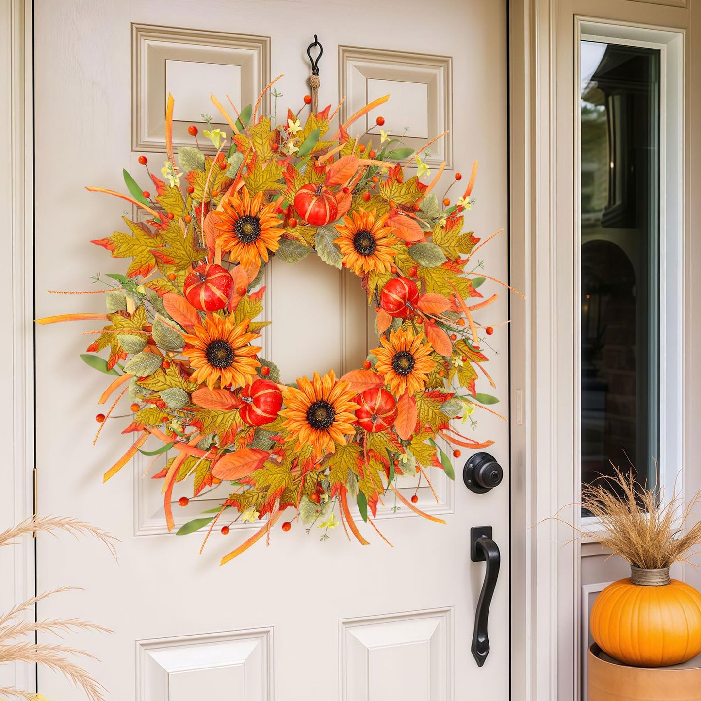 ICX 24 Inch Fall Wreath - Sunflower Pumpkin, Berry & Leaf, Plastic, Orange, Model 05, Autumn Decor for Front Door