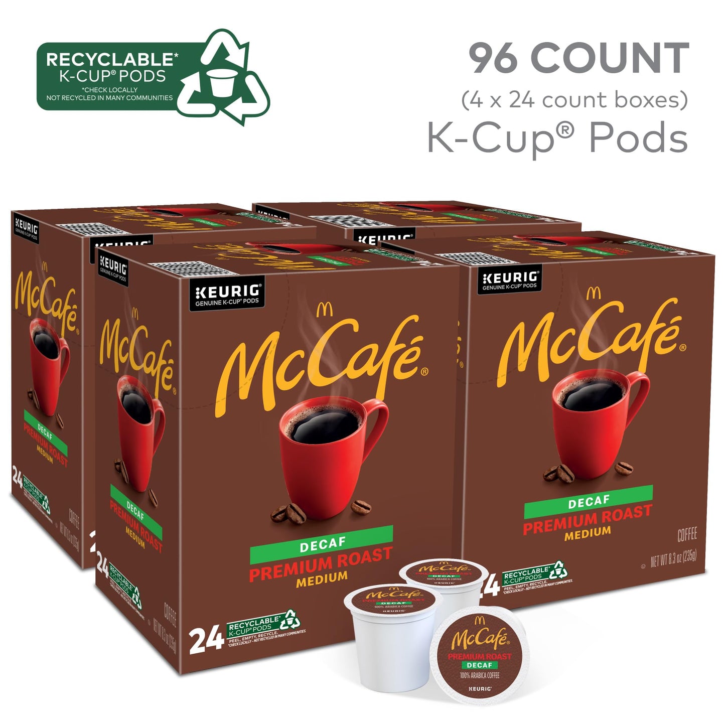 McCafe Premium Roast Decaf Coffee K-Cup Pods, Decaffeinated, 24 Count (Pack of 4), Model 10043000080440