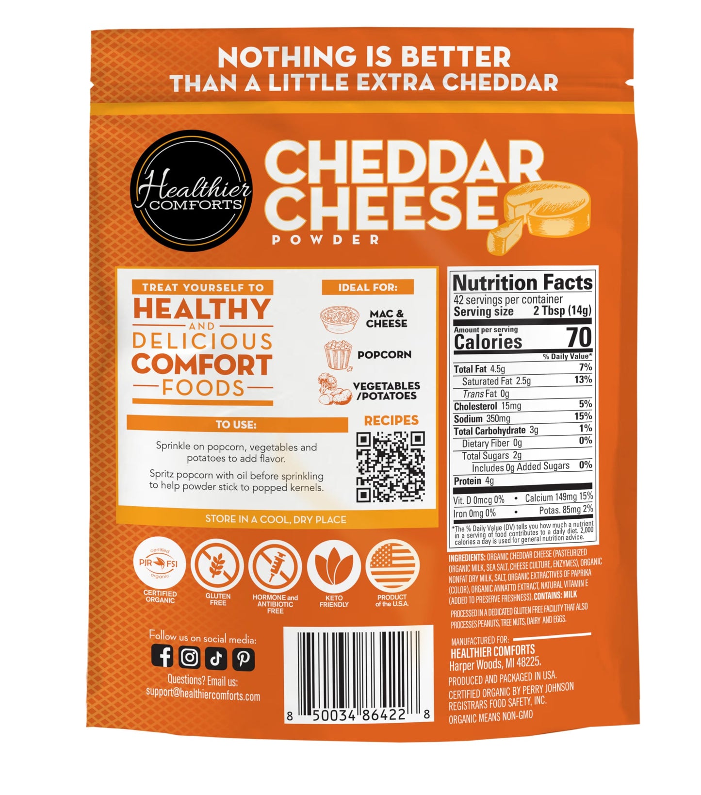 Healthier Comforts Organic Cheddar Cheese Powder | Gluten Free  Keto-Friendly  Non-GMO   &   Free | Perfect for Popcorn Seasoning  Mac and Cheese  Pasta & Sauces (21 oz)