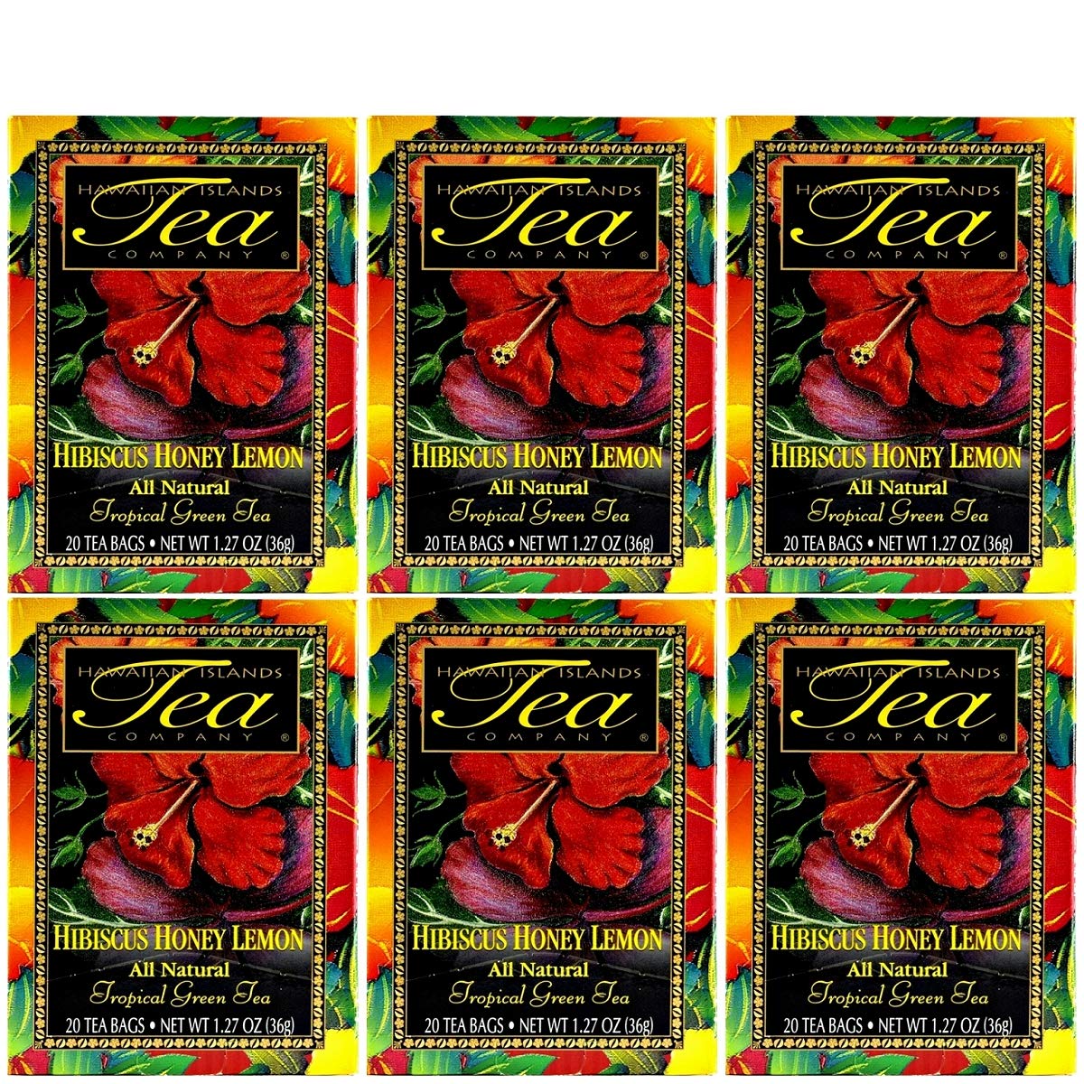 Hawaiian Islands Tea Company Hibiscus Honey Lemon Tropical Green Tea, All Natural - 120 Teabags (6 Boxes)