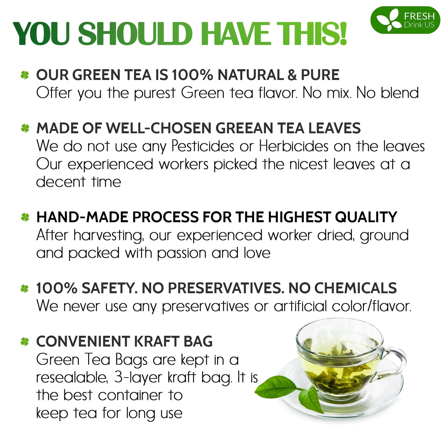 FRESHDRINKUS Green Tea Bags, 100% Natural & Pure Herbal Tea, 175 Count