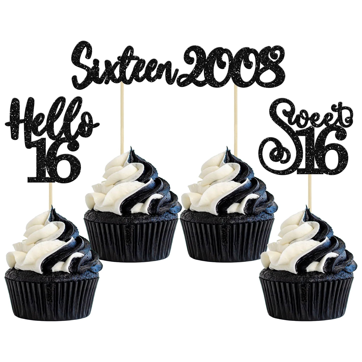 Gyufise 24Pcs Happy 16Th Birthday Cupcake Toppers Glitter Hello 16 Sweet 16 Cupcake Picks 2008 Sixteen Old Birthday Cake Decorat