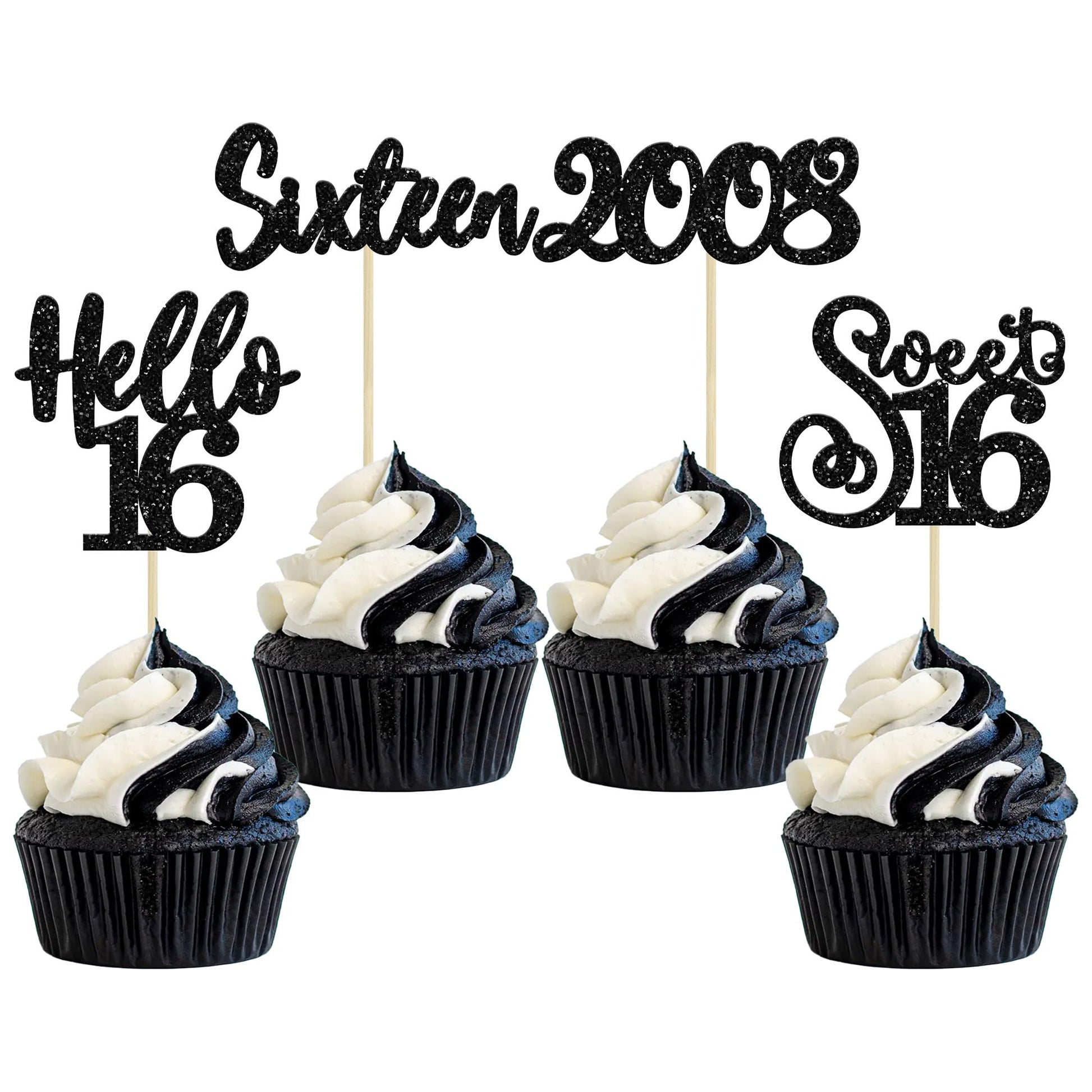 Gyufise 24Pcs Happy 16Th Birthday Cupcake Toppers Glitter Hello 16 Sweet 16 Cupcake Picks 2008 Sixteen Old Birthday Cake Decorat