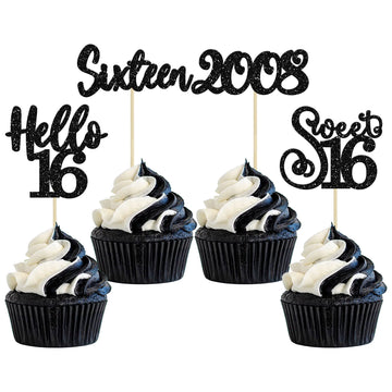 Gyufise 24Pcs Happy 16Th Birthday Cupcake Toppers Glitter Hello 16 Sweet 16 Cupcake Picks 2008 Sixteen Old Birthday Cake Decorat