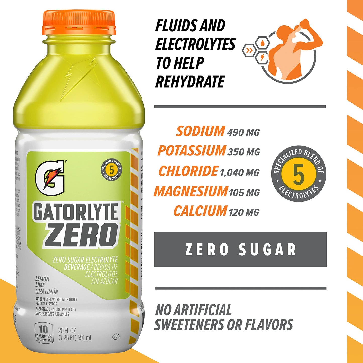 Gatorlyte Zero Electrolyte Beverage, Lemon Lime, Zero Sugar, 5 Electrolytes, 20 Fl Oz Bottles, Pack of 12 - No Artificial Sweeteners