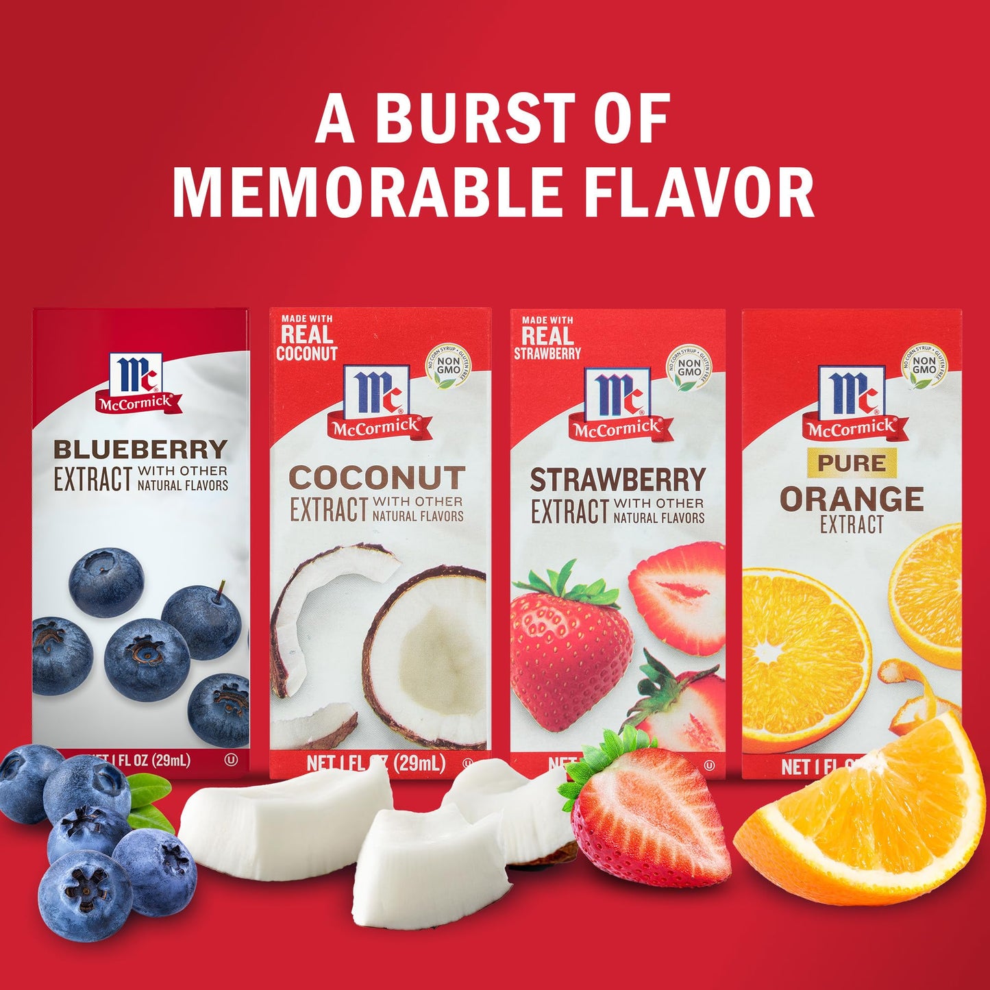 McCormick Fruity Extract Variety Pack, Includes Orange, Strawberry, Blueberry, and Coconut Flavors, For Baking, Mocktails, and M