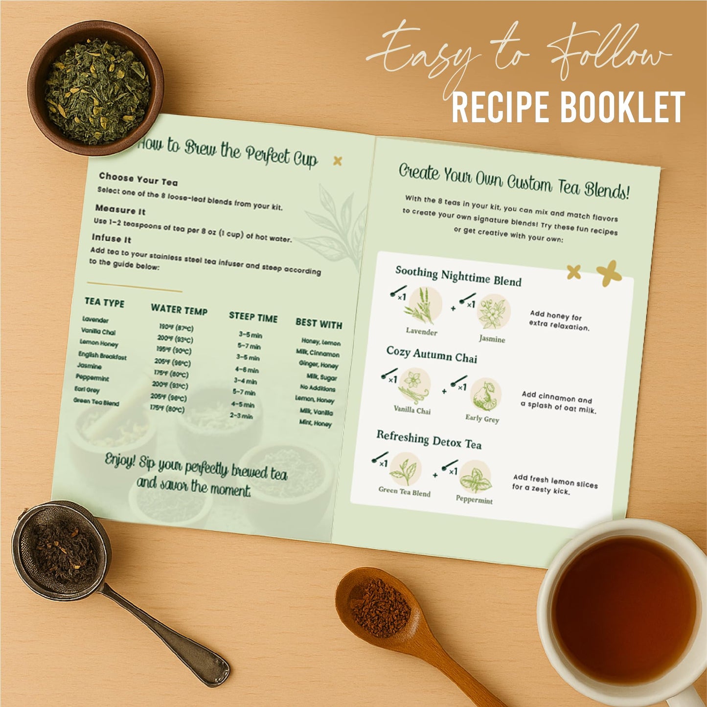 Loose Leaf Tea Sampler Gift Set Box – 8 Unique Flavors With Stainless Steel Infuser | Vanilla Chai, Jasmine, Lemon Honey & More | Tea Gift Set For Women And Men - Set Of 9