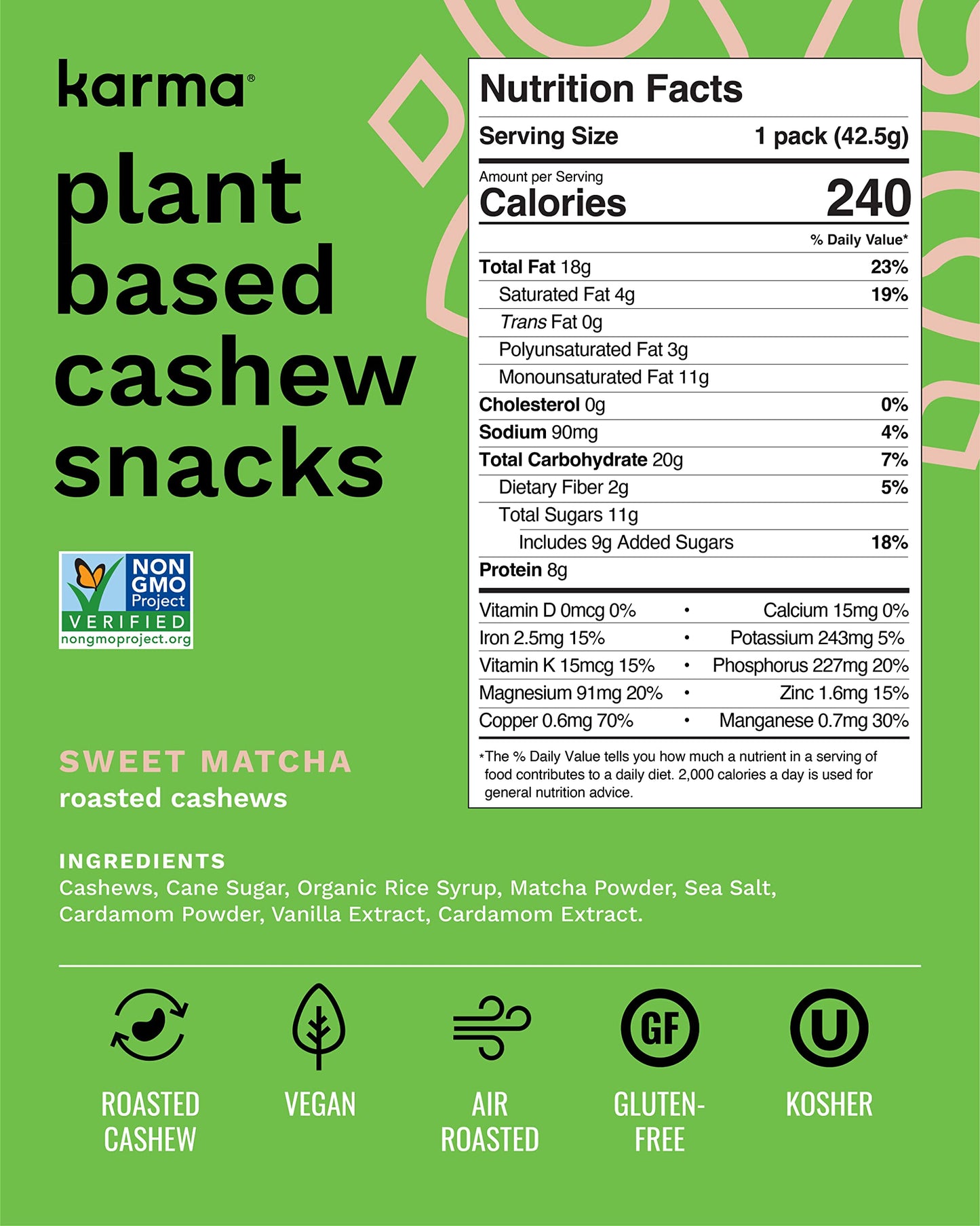 Sweet Matcha Cashews with Skin by Karma Nuts, Whole, Sweet, Roasted, Vegan, Gluten Free, Low Net Carb, Natural, Everyday Nut Sna